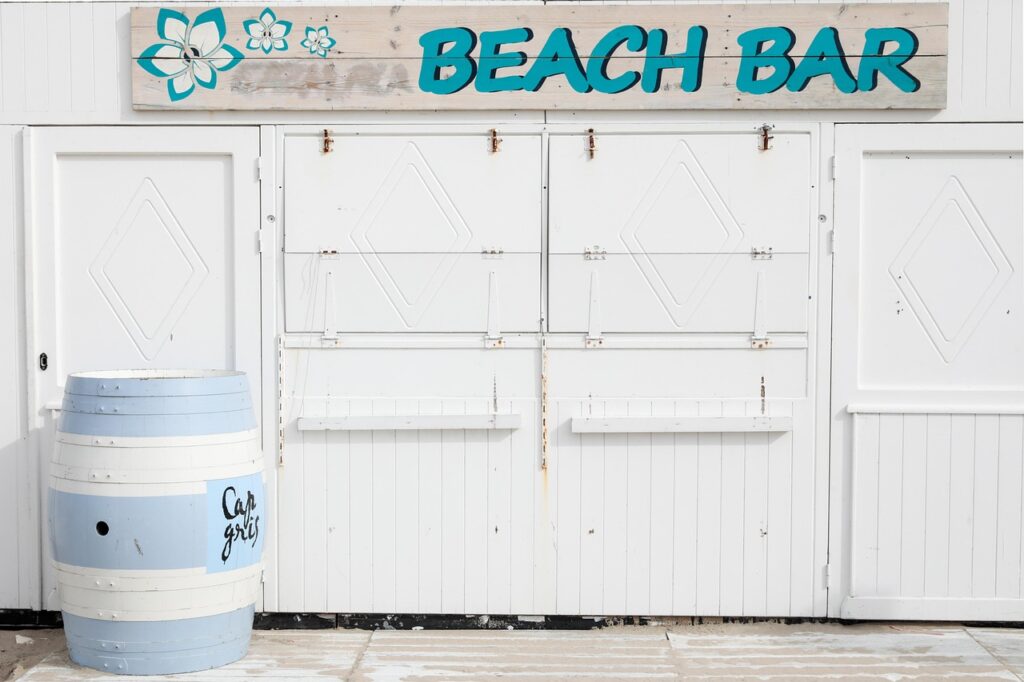 beach bar, beach, vacations, summer, leisure time, relax, closed, belgium, de haan, quitting time, nature, summer holidays, barrel, white-5298364.jpg